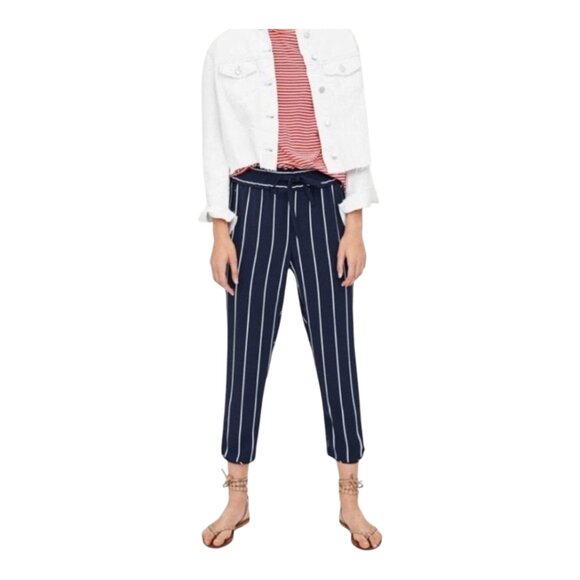Zara Striped High Rise Tapered Leg Cropped Pants in Navy Blue & White Women's S - Picture 1 of 8